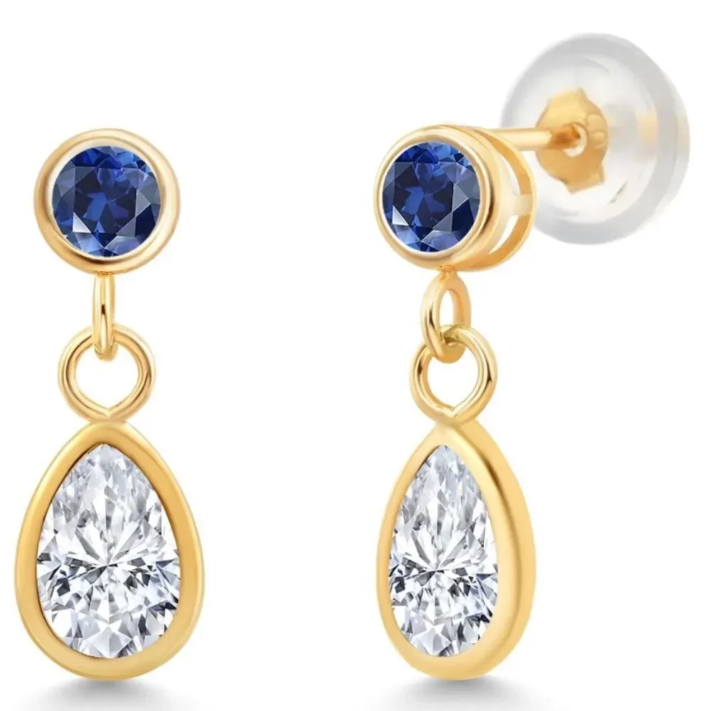 14K Yellow Gold with 1.08 Cttw White Moissanite and Royal Blue Sapphire Earrings